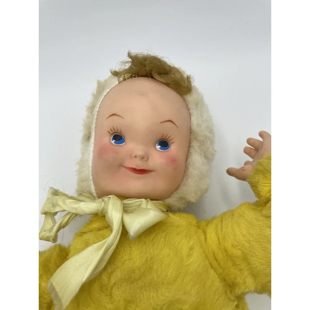 Vintage Rubber Sweet Face Baby Doll Yellow‎ Suit Brown Hair Moving Arms Rushton?
